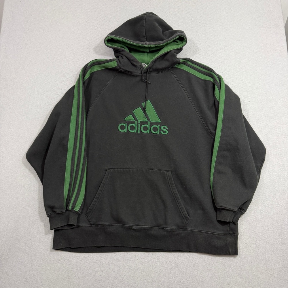 Vintage Adidas Hoodie Men XL Black Green Logo Pullover 3-Stripe Y2K Heavyweight
